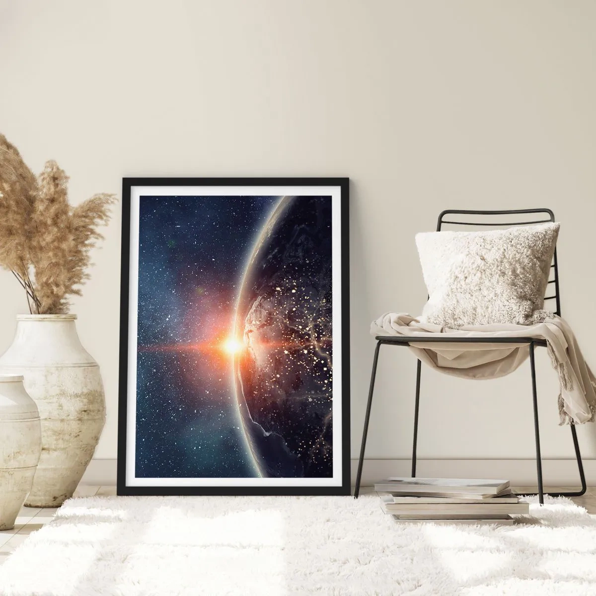 Pôster com moldura preta - Terra vista do espaço iluminada pelo sol nascente - 50x70cm - Numa nova perspetiva - Decoração de parede moderna para a sala de estar e quarto ARTTOR