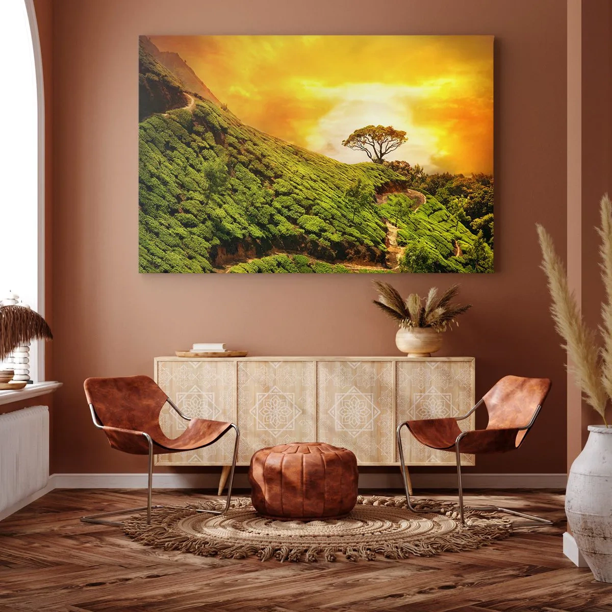 Quadro em tela - Colinas verdes de plantações de chá ao pôr do sol - 70x50cm - Um caminho sinuoso, uma encosta verde - Decoração de parede moderna para a sala de estar e quarto ARTTOR