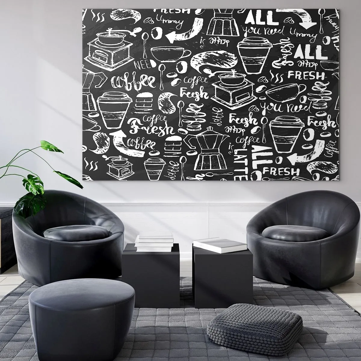 Quadro em vidro - Gráficos e letras de café em um fundo preto em estilo retrô - 70x50cm - Tudo o que precisa é... - Decoração de parede moderna para a sala de estar e quarto ARTTOR