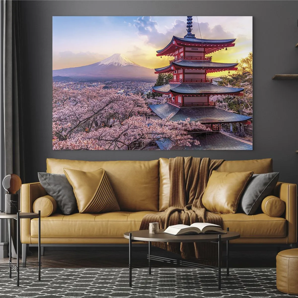 Quadro em vidro - Um pagode em uma paisagem japonesa com vista para o Monte Fuji e árvores floridas - 70x50cm - A essência do espírito japonês - Decoração de parede moderna para a sala de estar e quarto ARTTOR