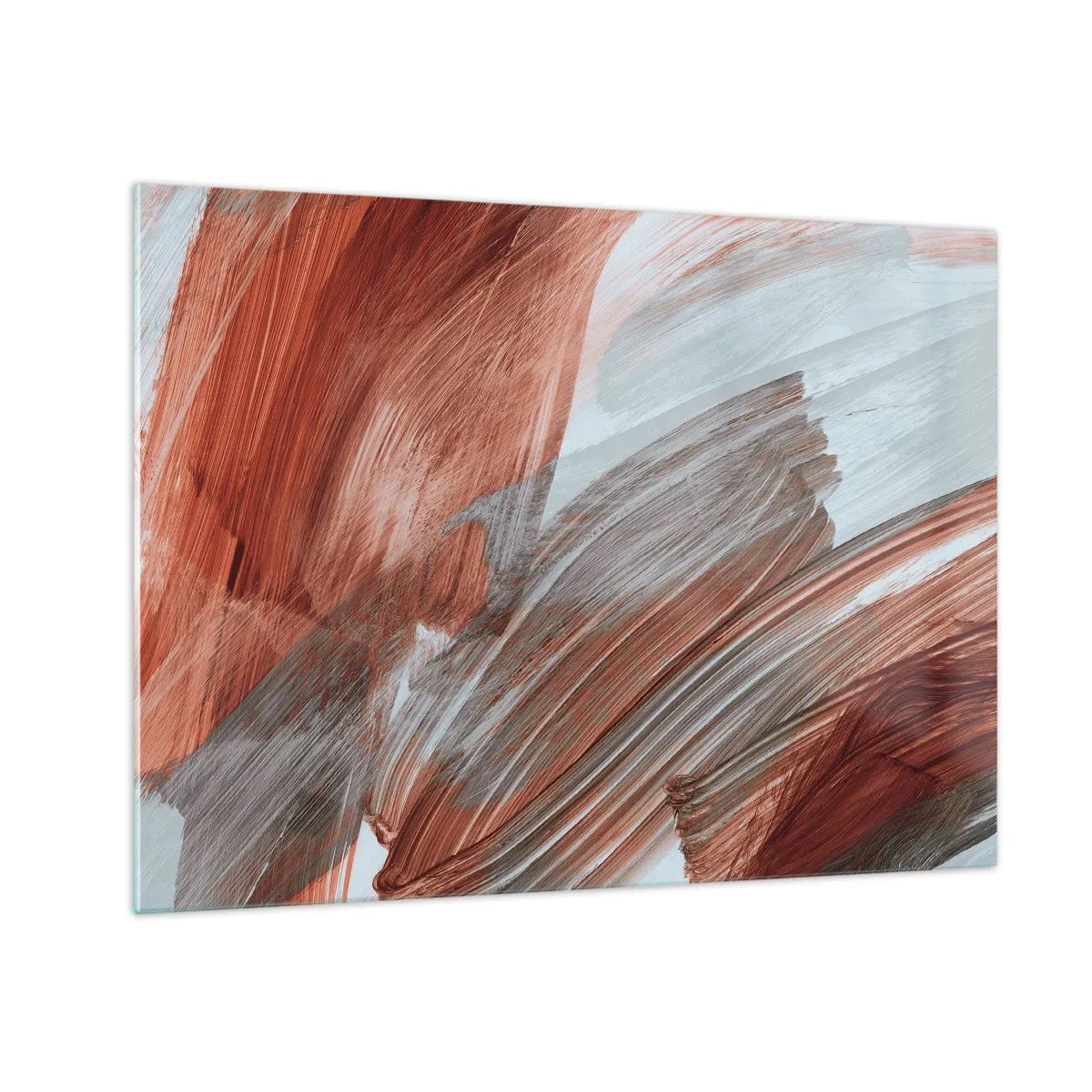 Quadro em vidro - Pinceladas dinâmicas em cores quentes de outono e azuis frios. - 70x50cm - Abstração de outono e vento - Decoração de parede moderna para a sala de estar e quarto ARTTOR