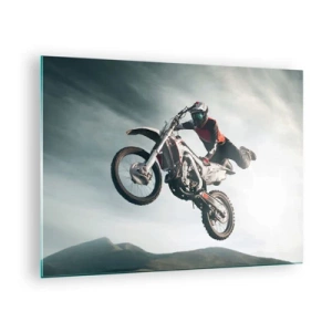 Quadro em vidro - Um motociclista realiza acrobacias no ar com montanhas ao fundo. - 70x50cm - Não há diversão sem risco - Decoração de parede moderna para a sala de estar e quarto ARTTOR