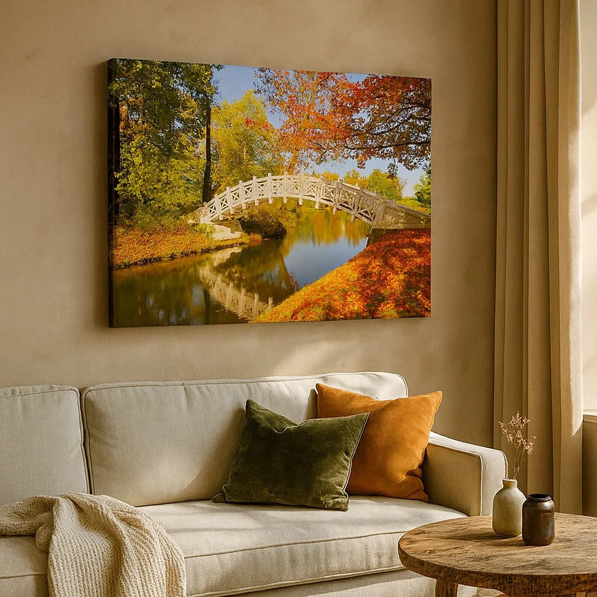 Quadro em tela - Uma ponte em um parque cercada por folhas de outono sobre águas calmas - 70x50cm - Na ponte branca dos suspiros - Decoração de parede moderna para a sala de estar e quarto ARTTOR