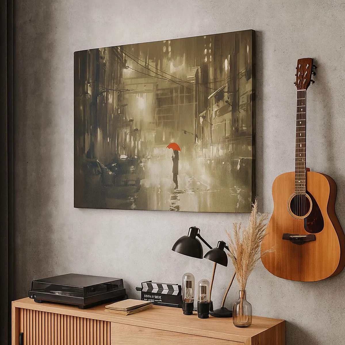 Quadro em tela - Uma figura com um guarda-chuva vermelho em uma cidade chuvosa - 70x50cm - Sozinha, mas não solitária - Decoração de parede moderna para a sala de estar e quarto ARTTOR