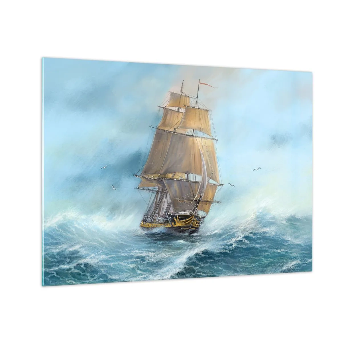 Quadro em vidro - Um veleiro em um mar tempestuoso em estilo pictórico - 70x50cm - Correndo sobre as ondas - Decoração de parede moderna para a sala de estar e quarto ARTTOR