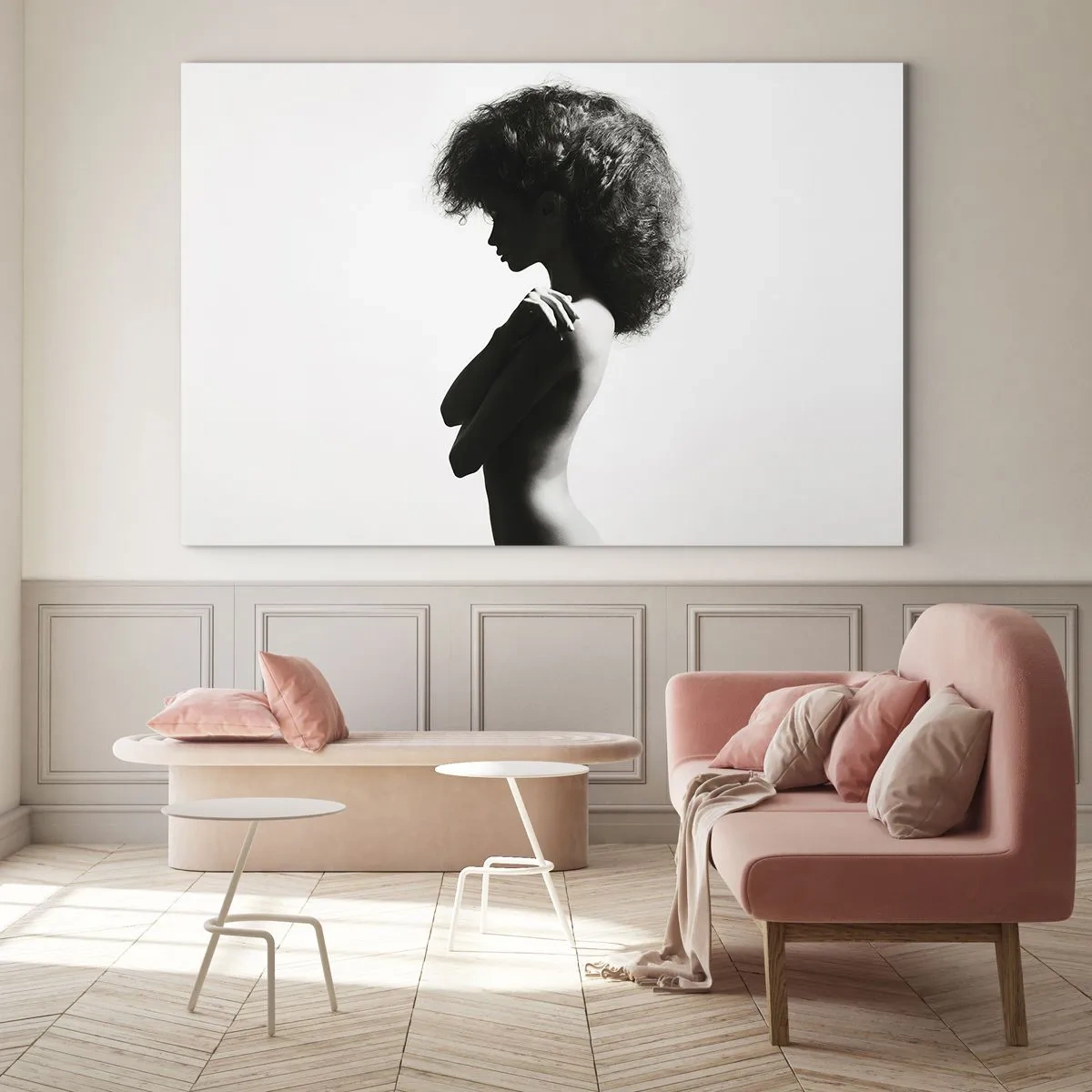 Quadro em vidro - Nu feminino em contraste de luz preta e branca - 70x50cm - Como uma flor em um caule fino - Decoração de parede moderna para a sala de estar e quarto ARTTOR