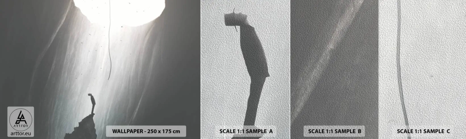 Amostra de papel de parede Premium Sand - Sempre há uma saída - Caverna, Homem, Escalando - 100x30 cm