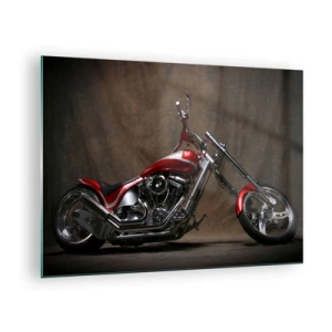 Quadro em vidro - Motocicleta vermelha personalizada em fundo escuro - 70x50cm - Beleza vermelho-prata - Decoração de parede moderna para a sala de estar e quarto ARTTOR