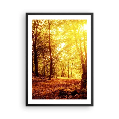 Pôster com moldura preta - Pôr do sol iluminando uma floresta de outono cheia de folhas douradas - 50x70cm - Rumo à clareira dourada - Decoração de parede moderna para a sala de estar e quarto ARTTOR