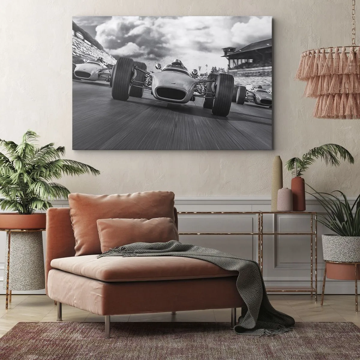 Quadro em tela - Corrida de carros clássicos em movimento - 70x50cm - O ronco do motor - Decoração de parede moderna para a sala de estar e quarto ARTTOR
