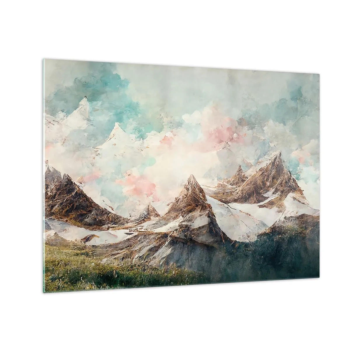 Quadro em vidro - Picos de montanhas pitorescos com céus em tons pastéis - 70x50cm - Lâminas de rocha - Decoração de parede moderna para a sala de estar e quarto ARTTOR