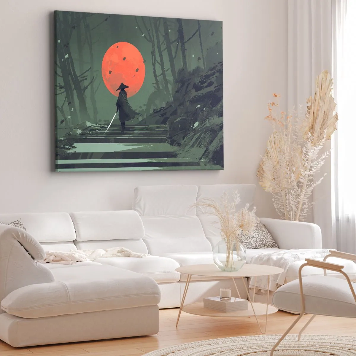 Quadro em tela - Um guerreiro solitário com uma espada tendo como pano de fundo uma lua vermelha em uma floresta escura. - 70x50cm - O guerreiro da lua vermelha - Decoração de parede moderna para a sala de estar e quarto ARTTOR