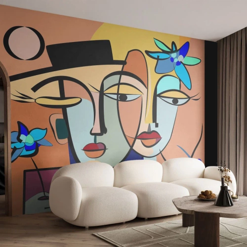Papel de Parede Standard Eco - Rostos abstratos em estilo cubista com flores - 100x70cm - O randez vous de Picasso - Decoração de parede moderna para a sala de estar e quarto ARTTOR