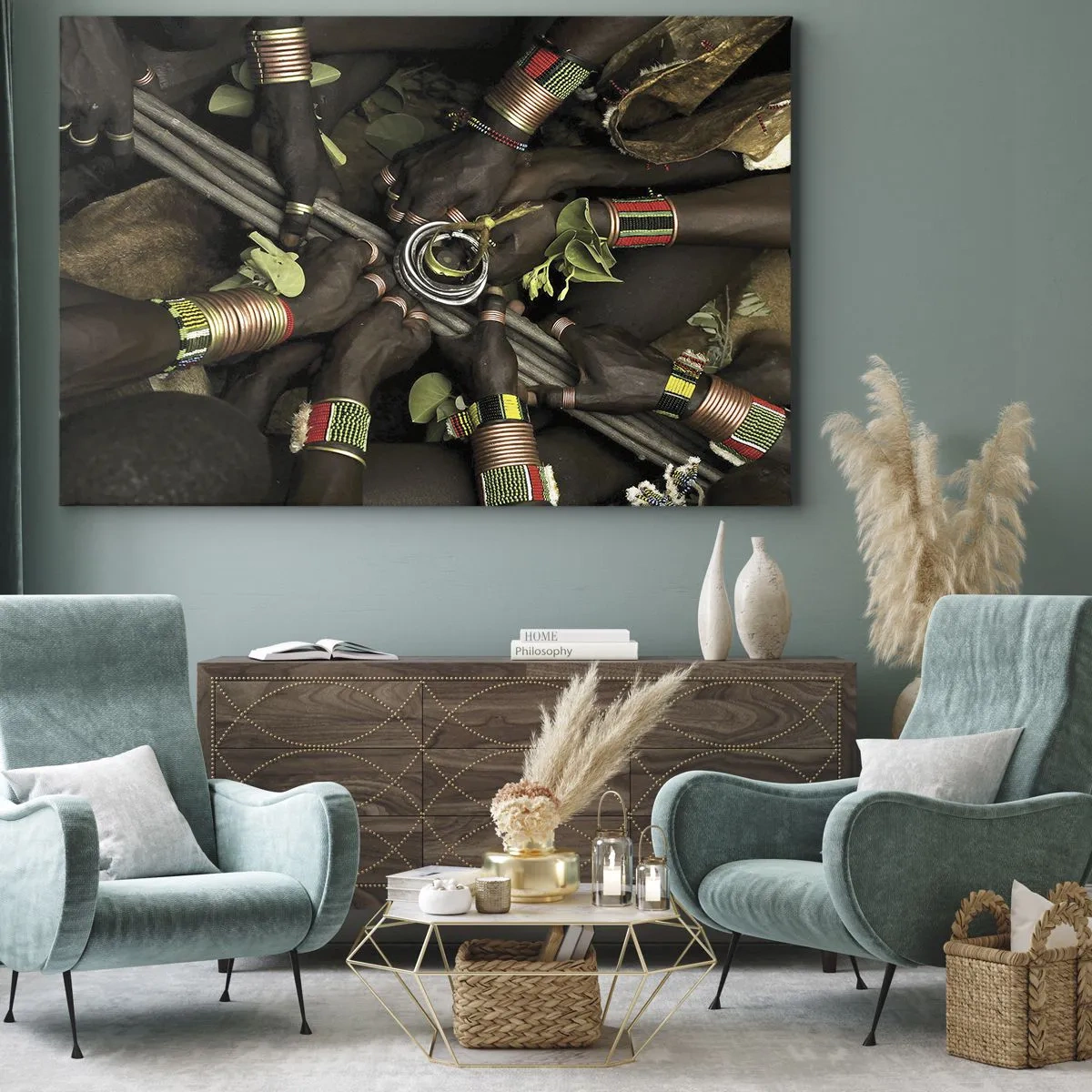 Quadro em tela - Pulseiras tradicionais em um grupo de mãos - 70x50cm - Estamos juntos - Decoração de parede moderna para a sala de estar e quarto ARTTOR