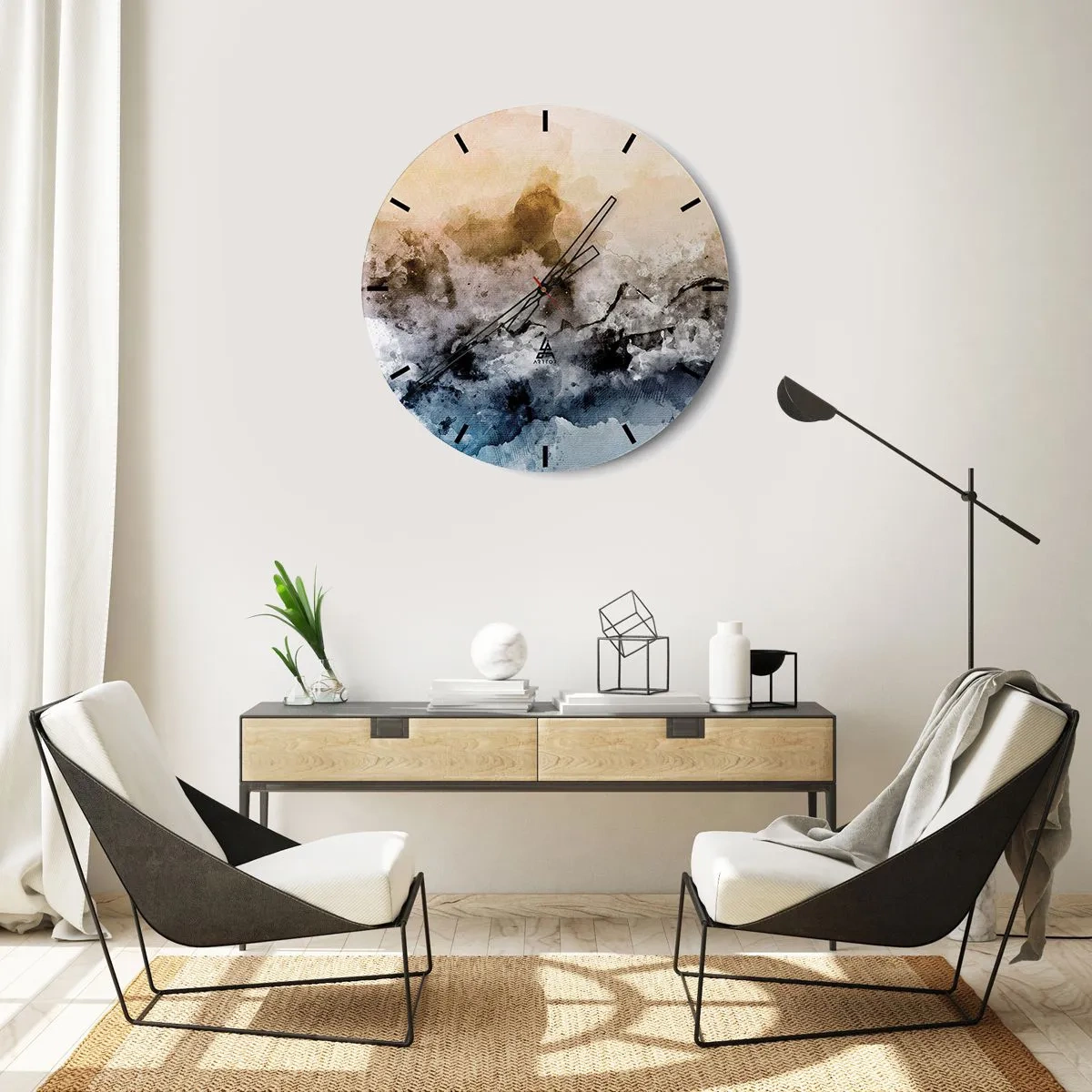 Relógio de parede - Relógio em vidro - Uma paisagem abstrata em tons de neblina, marrom e azul. - 30x30cm - Imersos no tumulto do nevoeiro - Decoração de parede moderna para a sala de estar, cozinha e quarto ARTTOR
