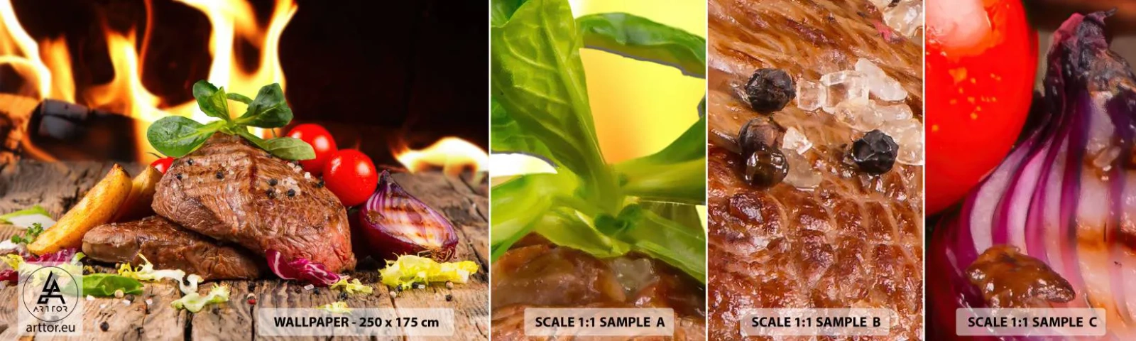 Amostra de papel de parede autocolante Deluxe Sticker - Feito com brasas - Gastronomia, bife, Chamas de Fogo - 100x30 cm