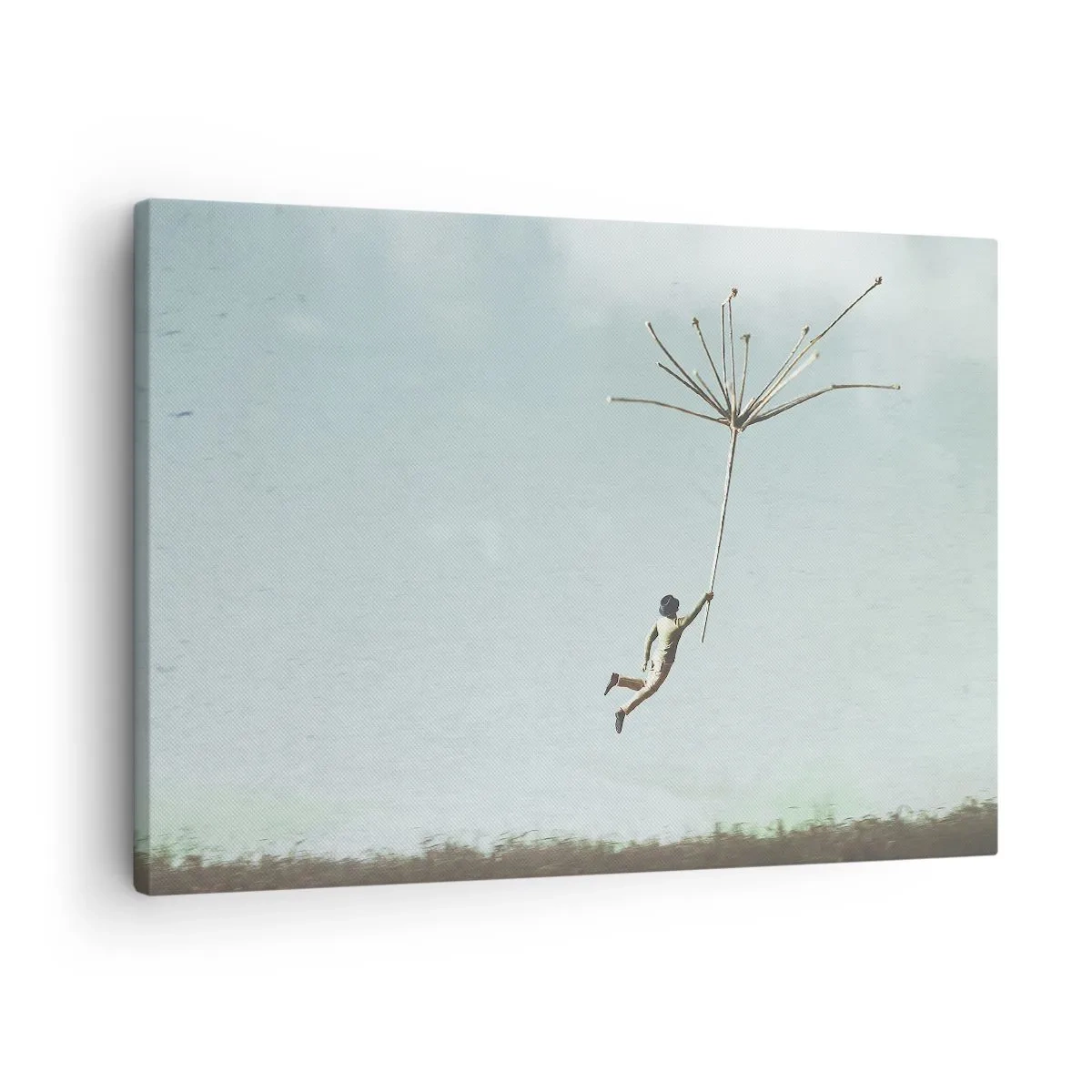 Quadro em tela - Uma figura levantada por uma grande semente de dente-de-leão - 70x50cm - Papagaios, balões, vento - Decoração de parede moderna para a sala de estar e quarto ARTTOR