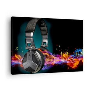 Quadro em tela - Fones de ouvido pretos com efeito de visualização musical colorido - 70x50cm - No fogo da música - Decoração de parede moderna para a sala de estar e quarto ARTTOR