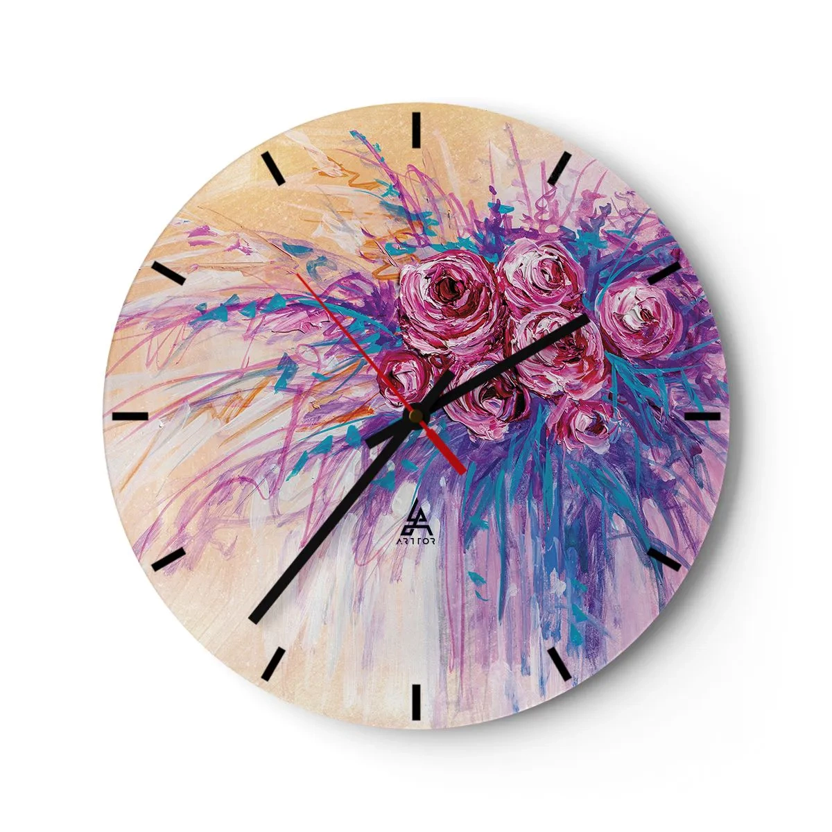 Relógio de parede - Relógio em vidro - Buquê de rosas abstrato em estilo artístico - 30x30cm - Fonte de rosas - Decoração de parede moderna para a sala de estar, cozinha e quarto ARTTOR