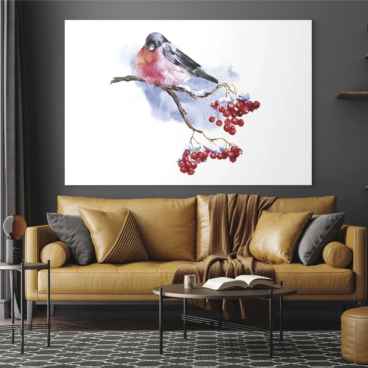 Quadro em vidro - Um pássaro em um galho de sorveira - 70x50cm - Inverno a cores - Decoração de parede moderna para a sala de estar e quarto ARTTOR