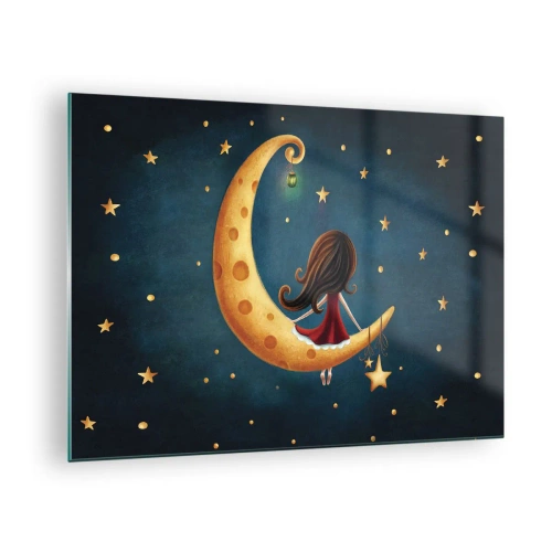 Quadro em vidro - Uma garota na lua entre as estrelas em um fundo azul marinho - 70x50cm - Uma vez... - Decoração de parede moderna para a sala de estar e quarto ARTTOR