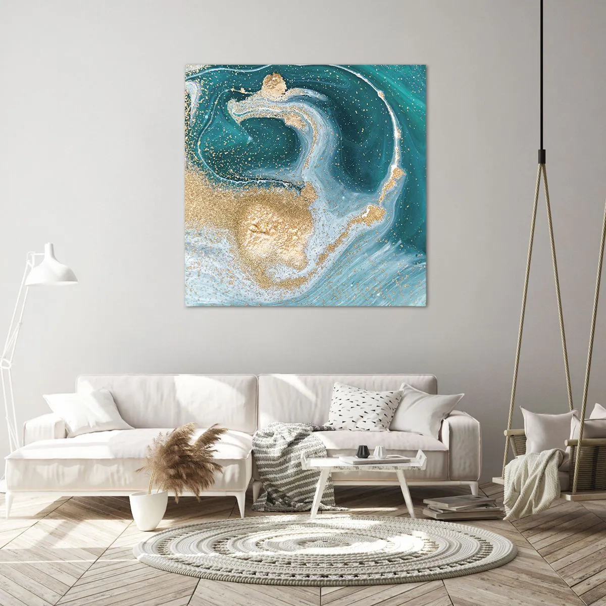 Quadro em tela - Um vórtice de ouro e turquesa - 50x50 cm