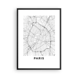 Pôster com moldura preta - Um mapa de Paris em estilo minimalista em preto e branco. - 50x70cm - Flor de Paris - Decoração de parede moderna para a sala de estar e quarto ARTTOR