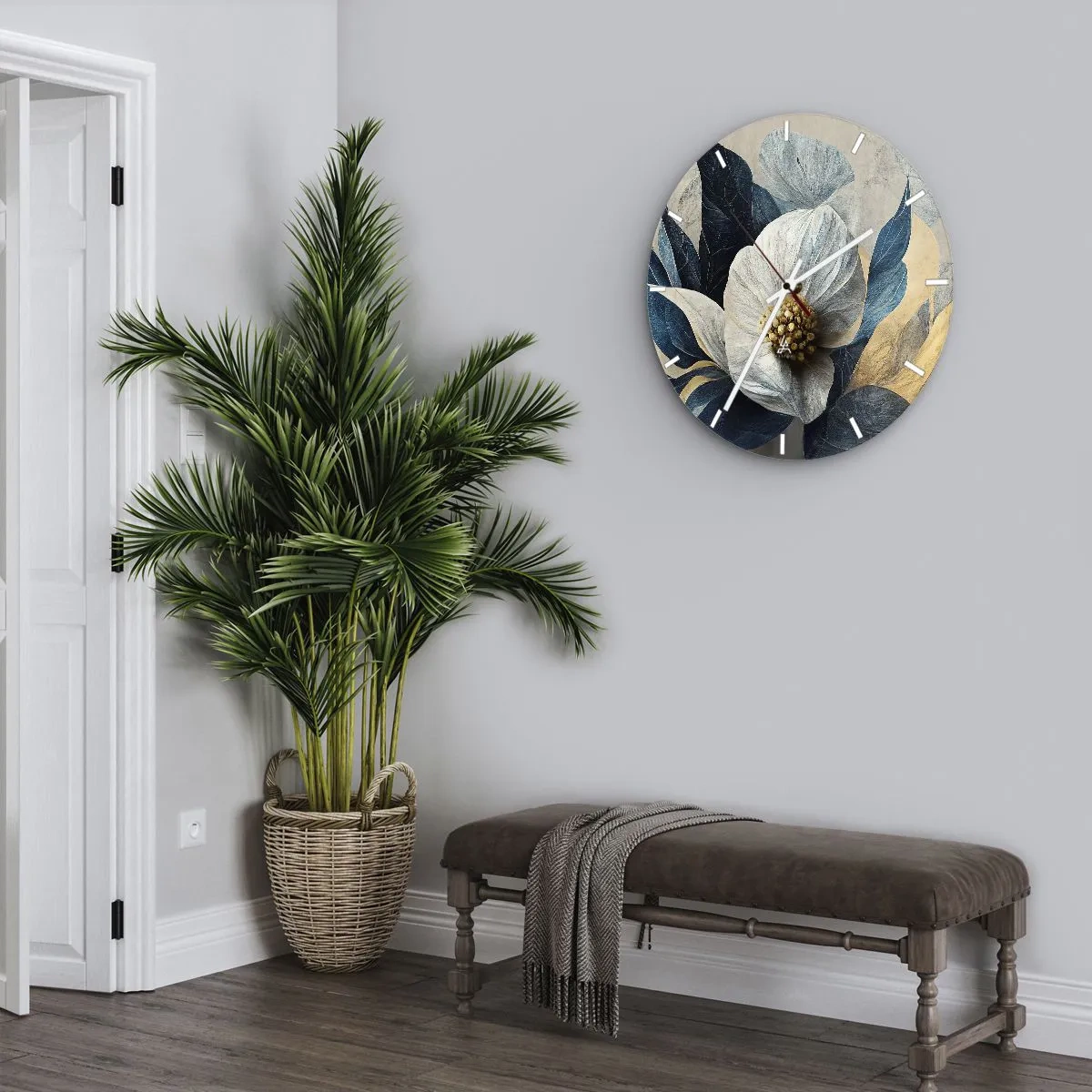Relógio de parede - Relógio em vidro - Um arranjo floral branco com folhas azul-marinho e um centro dourado - 30x30cm - Tem um coração de ouro - Decoração de parede moderna para a sala de estar, cozinha e quarto ARTTOR