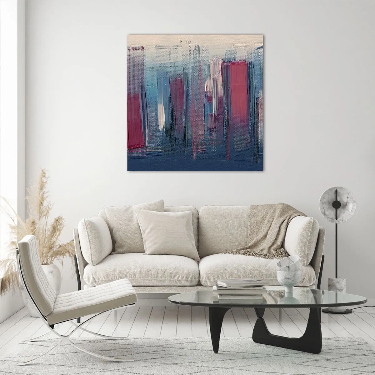 Quadro em vidro - Composição vertical em azul e vermelho - 70x70 cm