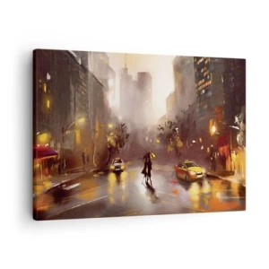 Quadro em tela - Uma cena urbana à noite, à luz de postes de luz e reflexos em uma rua molhada. - 70x50cm - Nas luzes de Nova Iorque - Decoração de parede moderna para a sala de estar e quarto ARTTOR