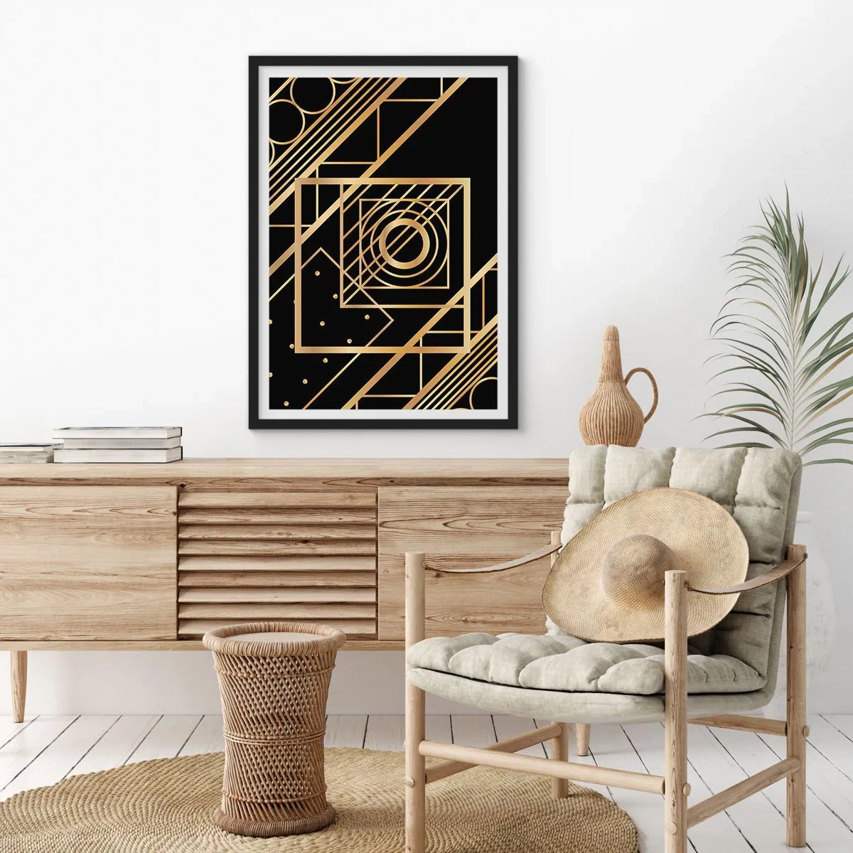Pôster com moldura preta - Padrões geométricos dourados sobre fundo preto no estilo Art Déco - 50x70cm - Geometria dourada - Decoração de parede moderna para a sala de estar e quarto ARTTOR