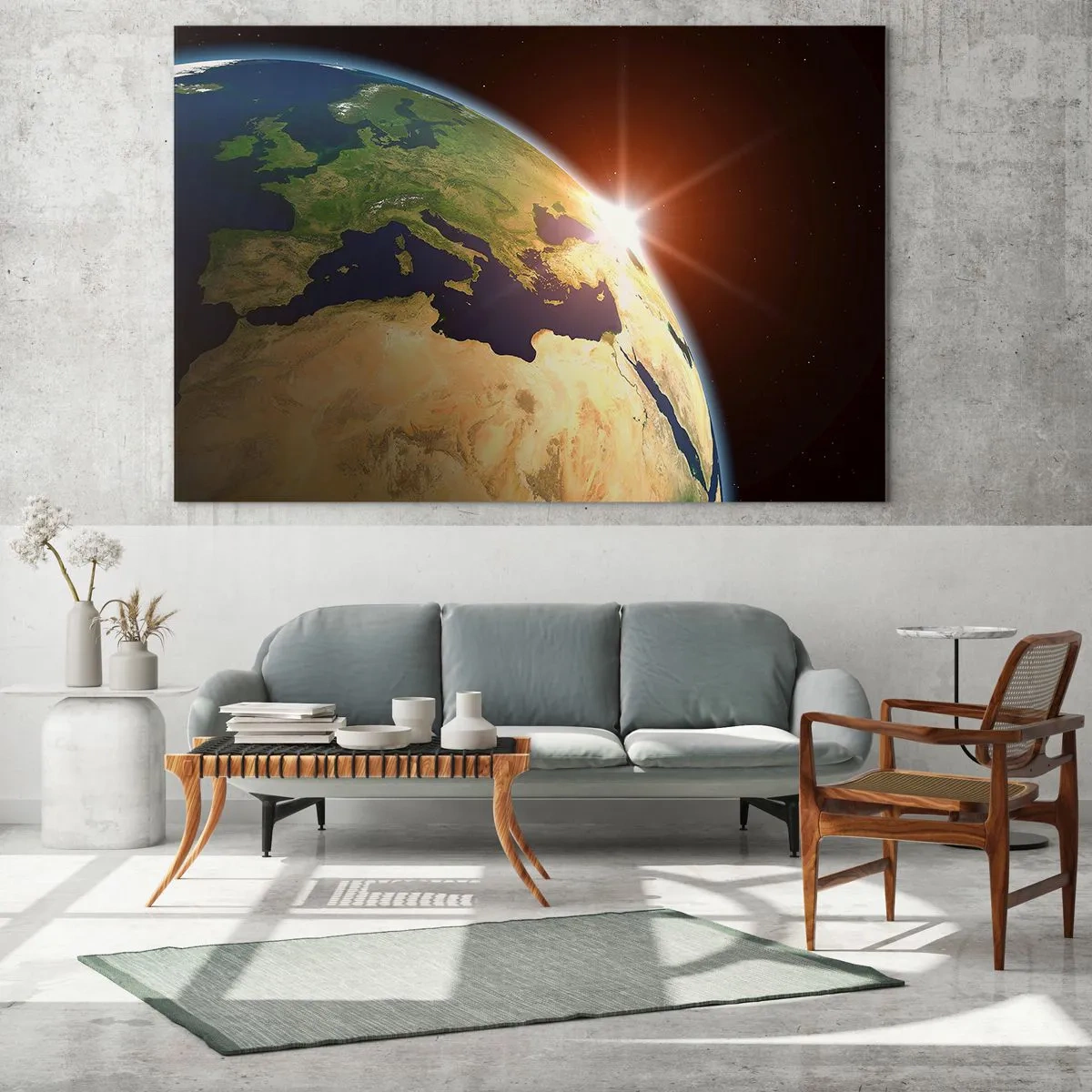 Quadro em vidro - Terra iluminada pelo sol nascente visto do espaço - 70x50cm - Nascer do Sol - Decoração de parede moderna para a sala de estar e quarto ARTTOR