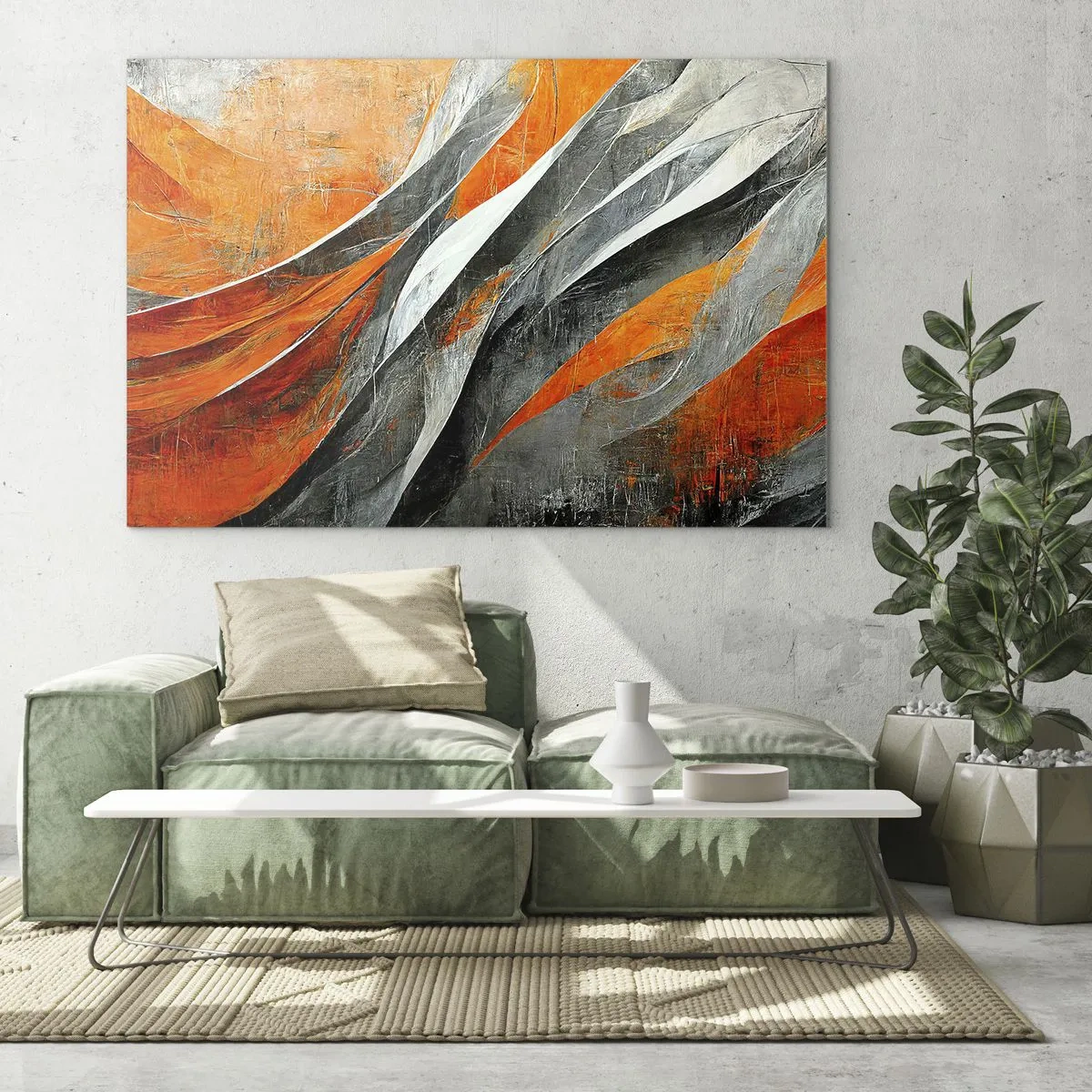 Quadro em vidro - Listras abstratas em tons de laranja e cinza - 70x50cm - Calor e frio - Decoração de parede moderna para a sala de estar e quarto ARTTOR