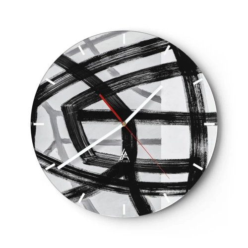 Relógio de parede - Relógio em vidro - Pinceladas pretas dinâmicas criando padrões tridimensionais - 30x30cm - Profundidade de construção - Decoração de parede moderna para a sala de estar, cozinha e quarto ARTTOR