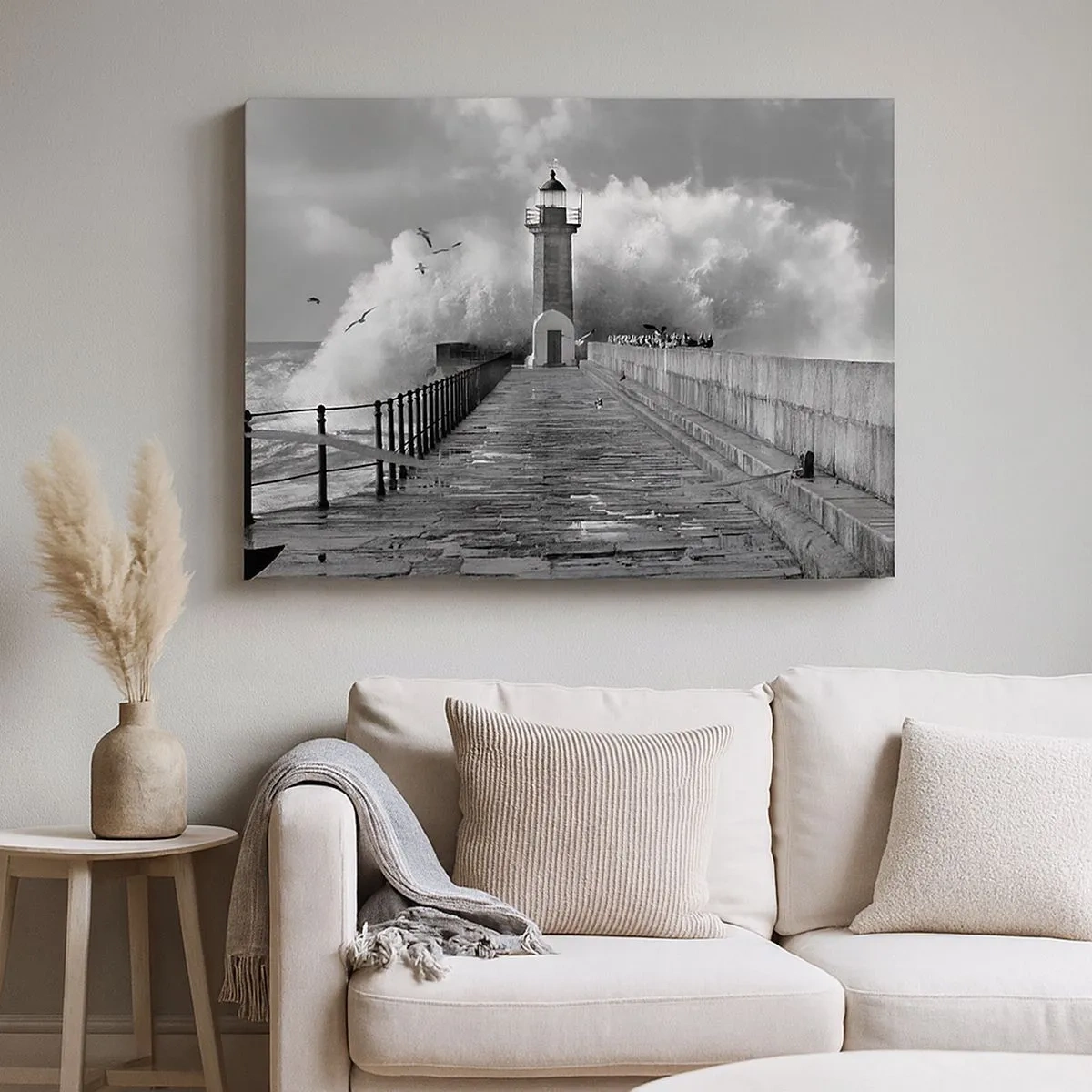 Quadro em tela - Um farol cercado por ondas durante uma tempestade - 70x50cm - Destemida - Decoração de parede moderna para a sala de estar e quarto ARTTOR