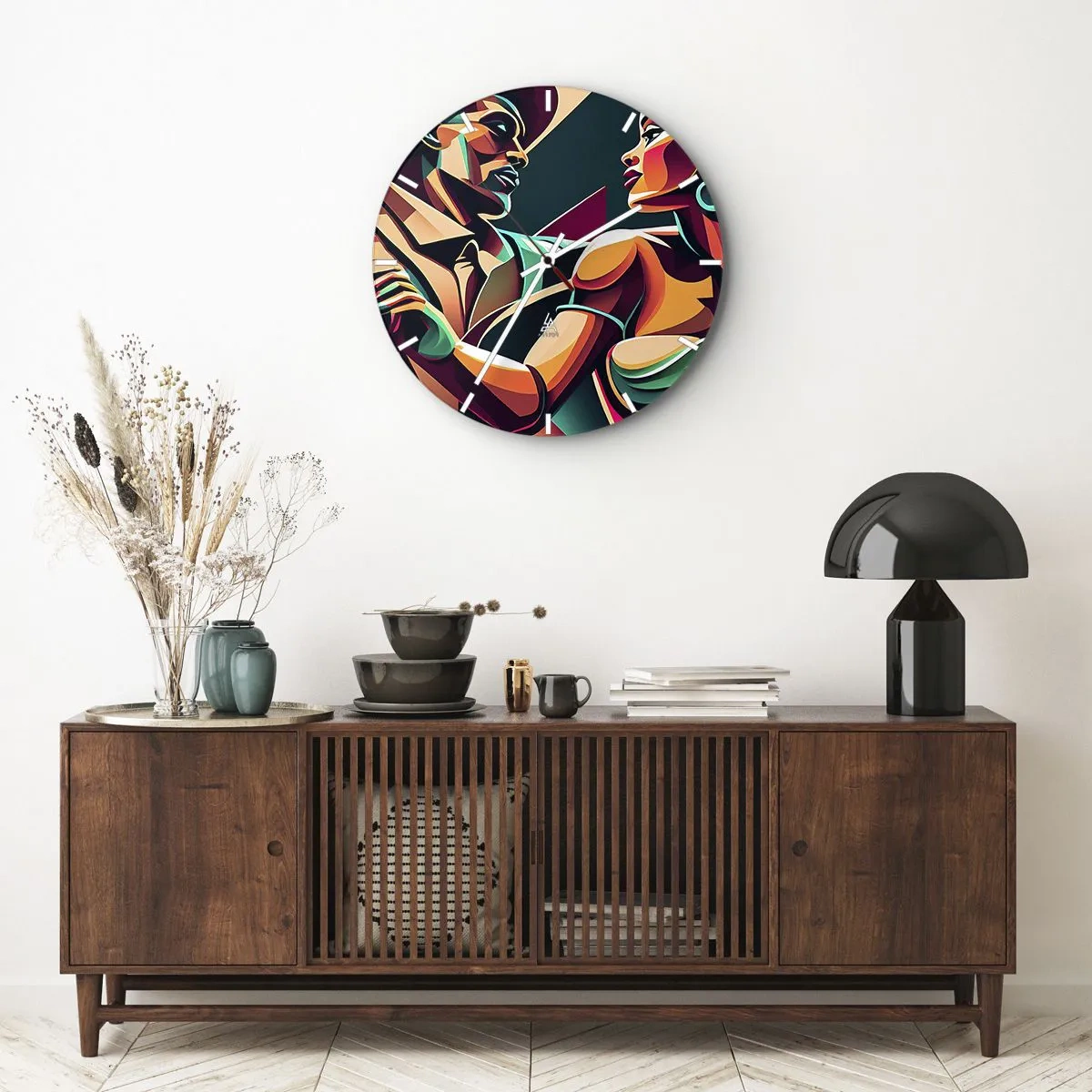 Relógio de parede - Relógio em vidro - Um casal dançando estilizado, retratado em cores intensas. - 30x30cm - No ritmo do coração - Decoração de parede moderna para a sala de estar, cozinha e quarto ARTTOR