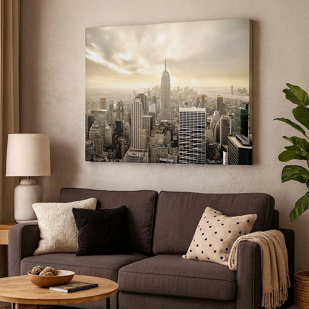 Quadro em tela - Panorama da cidade com vista para o Empire State Building - 70x50cm - Nova Iorque em tons de cinza - Decoração de parede moderna para a sala de estar e quarto ARTTOR