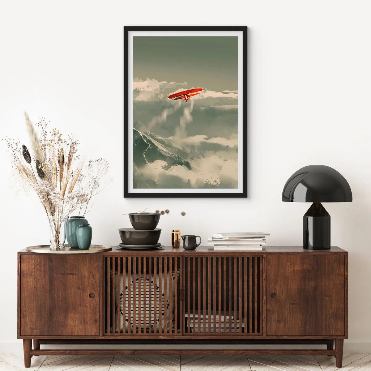 Pôster com moldura preta - Um biplano vermelho no céu - 50x70cm - O pioneiro destemido - Decoração de parede moderna para a sala de estar e quarto ARTTOR