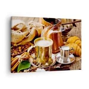 Quadro em tela - Uma caneca dourada de café cercada por grãos, jarras e croissants - 70x50cm - Bons dias! - Decoração de parede moderna para a sala de estar e quarto ARTTOR