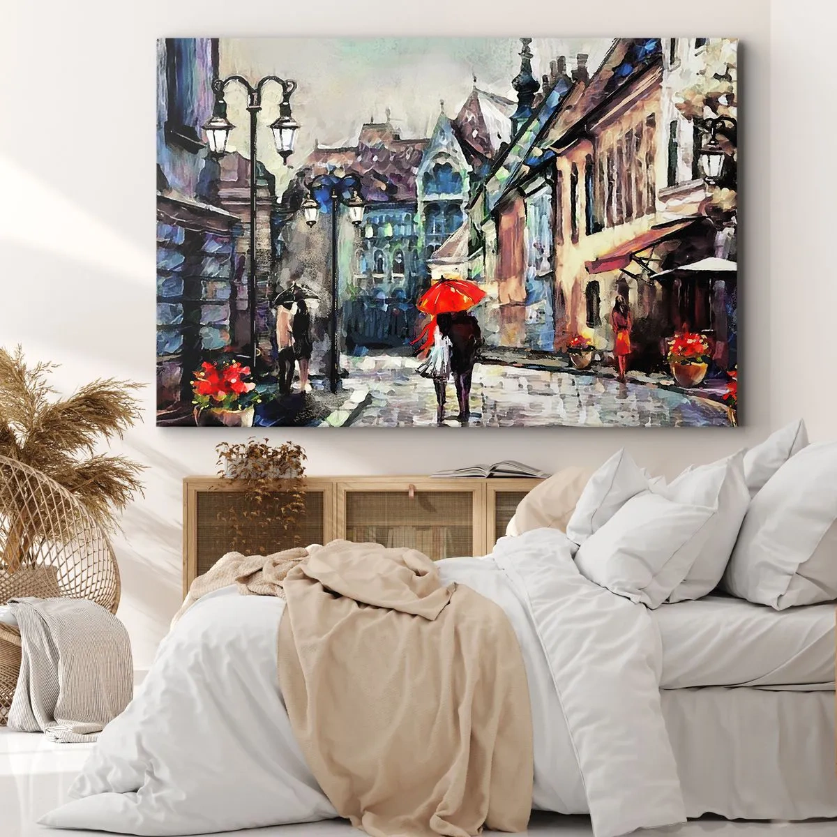 Quadro em tela - Uma charmosa rua da cidade com um casal sob um guarda-chuva vermelho - 70x50cm - Chuva para dois - Decoração de parede moderna para a sala de estar e quarto ARTTOR