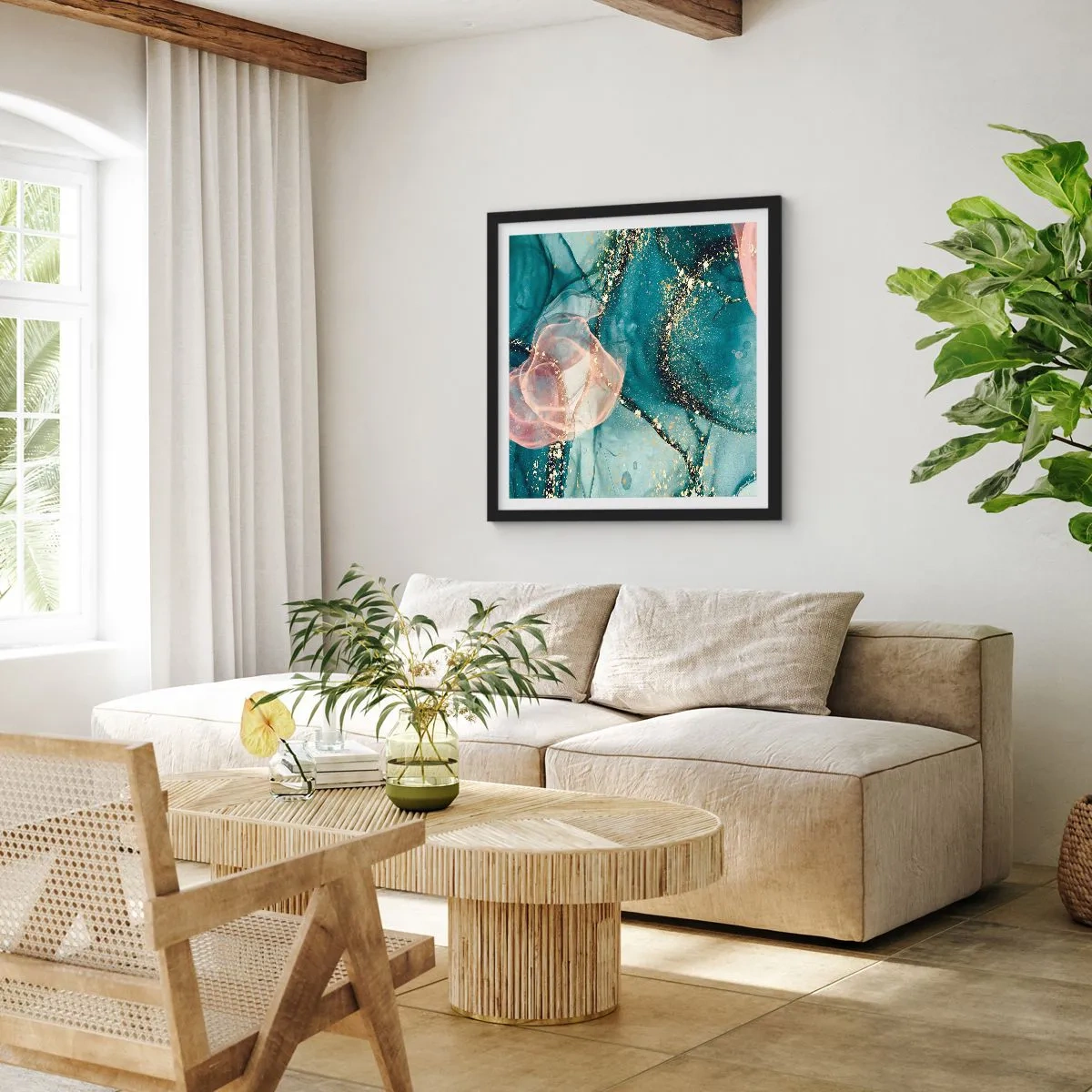 Pôster com moldura preta - Azul seda, rosa tule - 60x60 cm