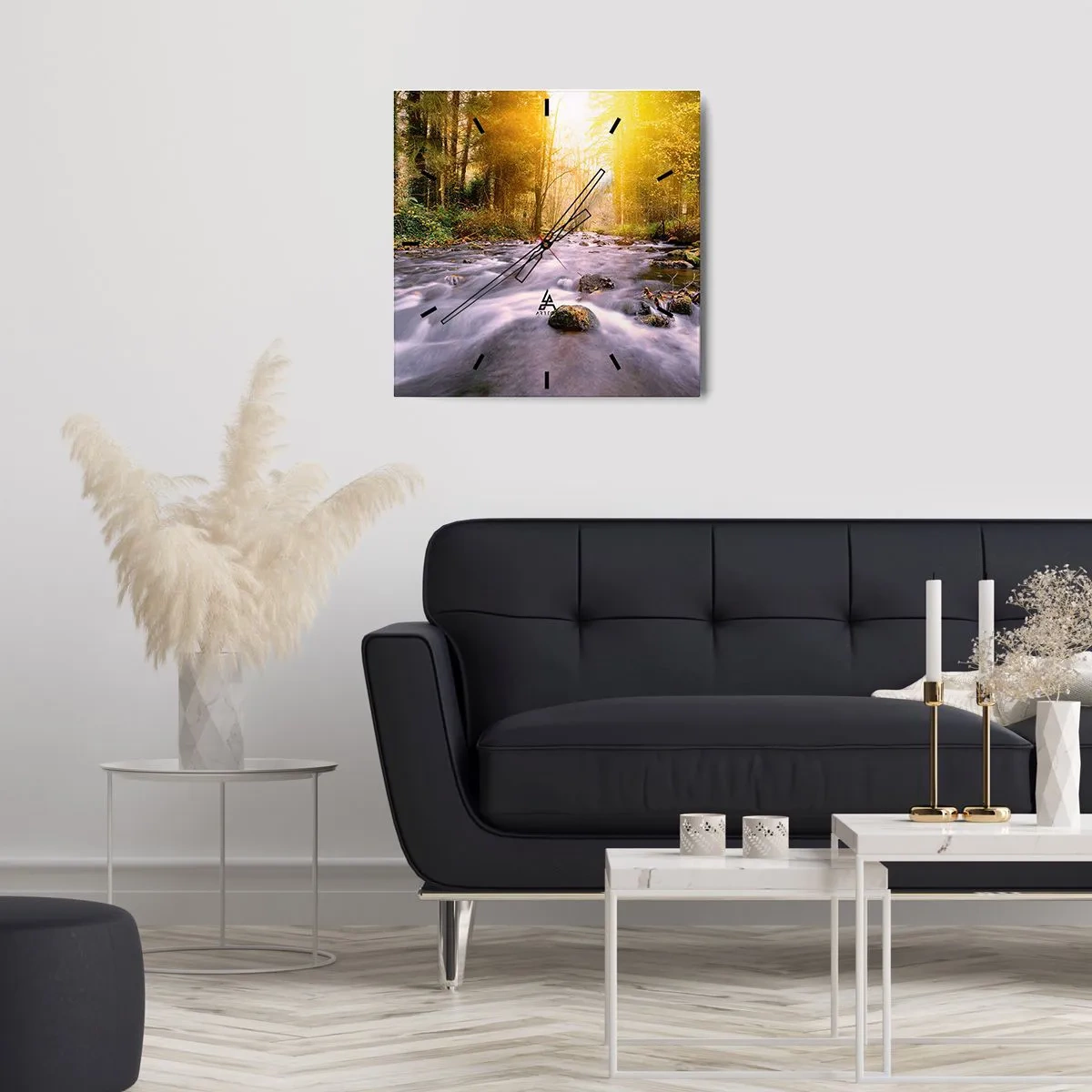 Relógio de parede - Relógio em vidro - Malaquita em um cenário de ouro e prata - 30x30 cm