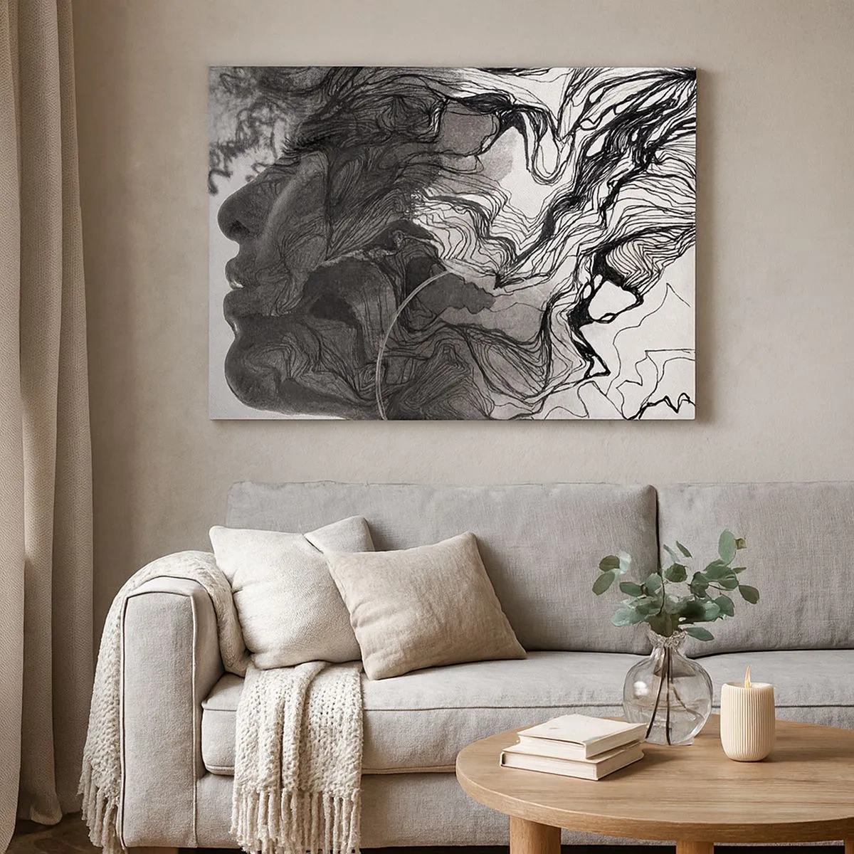 Quadro em tela - Rosto abstrato em preto e branco com linhas dinâmicas. - 70x50cm - Entrelaçados em sonhos - Decoração de parede moderna para a sala de estar e quarto ARTTOR