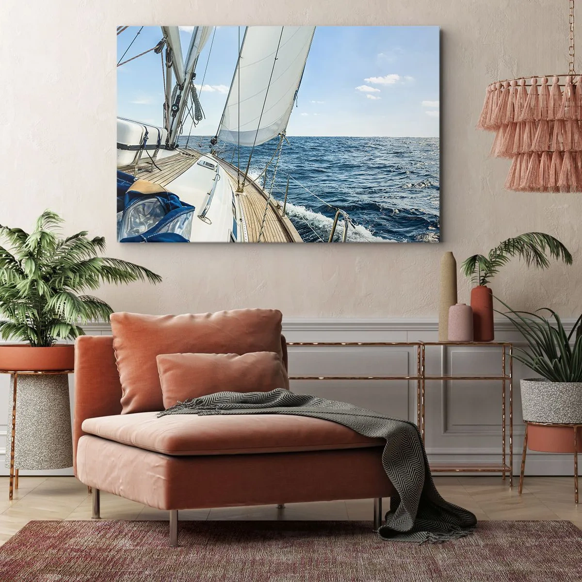 Quadro em tela - Um veleiro em um mar calmo sob um céu azul - 70x50cm - Ahoy, aventura - Decoração de parede moderna para a sala de estar e quarto ARTTOR