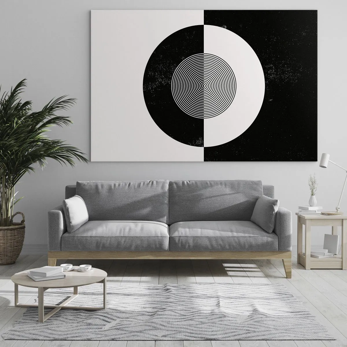 Quadro em vidro - Padrão geométrico de simetria em preto e branco - 70x50cm - Harmonia a preto e branco - Decoração de parede moderna para a sala de estar e quarto ARTTOR