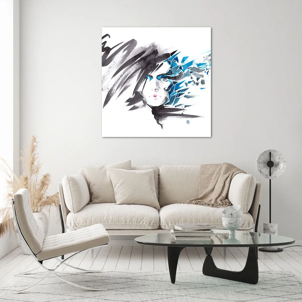 Quadro em vidro - Retrato sensual em cinza e azul - 40x40 cm