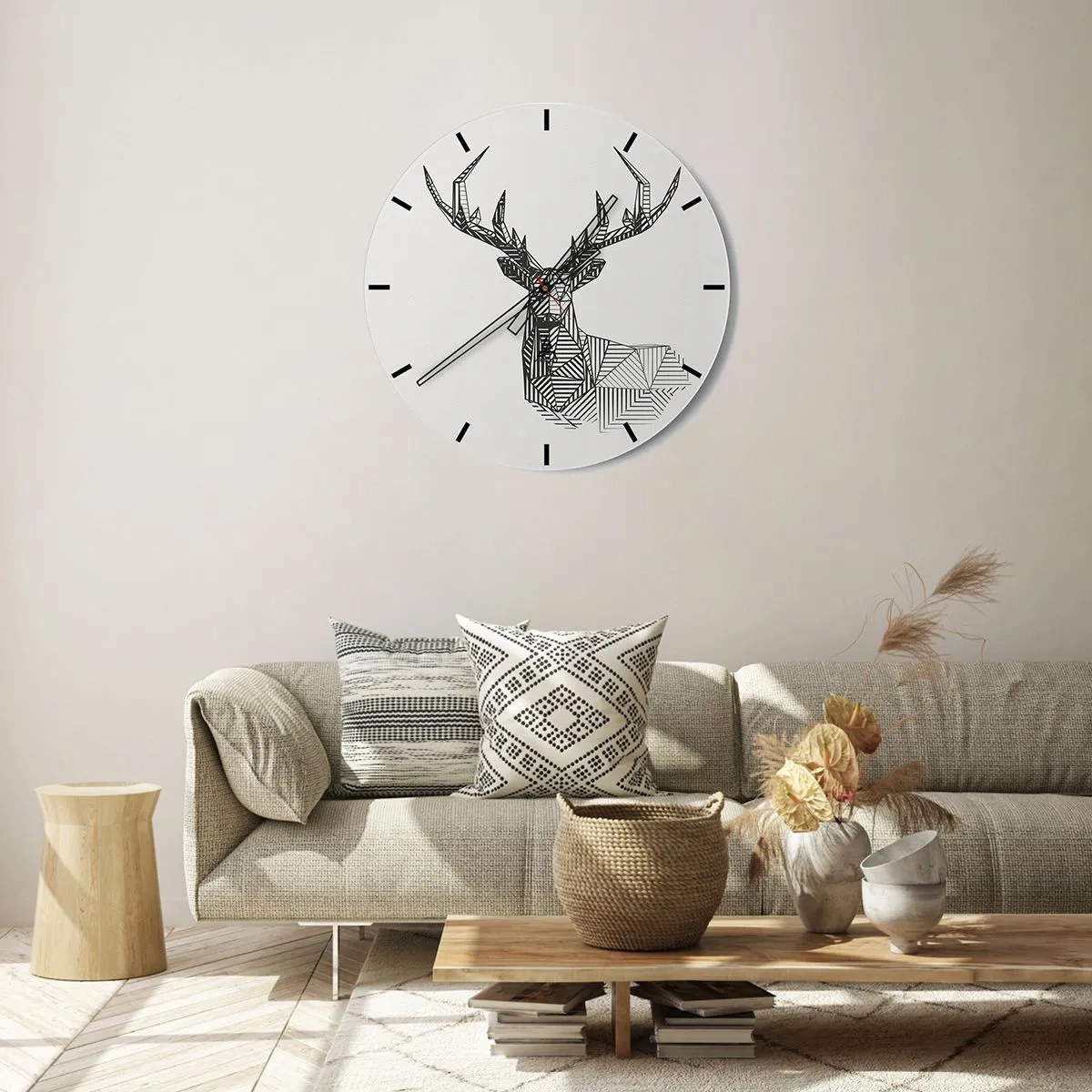 Relógio de parede - Relógio em vidro - Veado linear geométrico em um fundo claro - 30x30cm - Veado em estilo cubista - Decoração de parede moderna para a sala de estar, cozinha e quarto ARTTOR