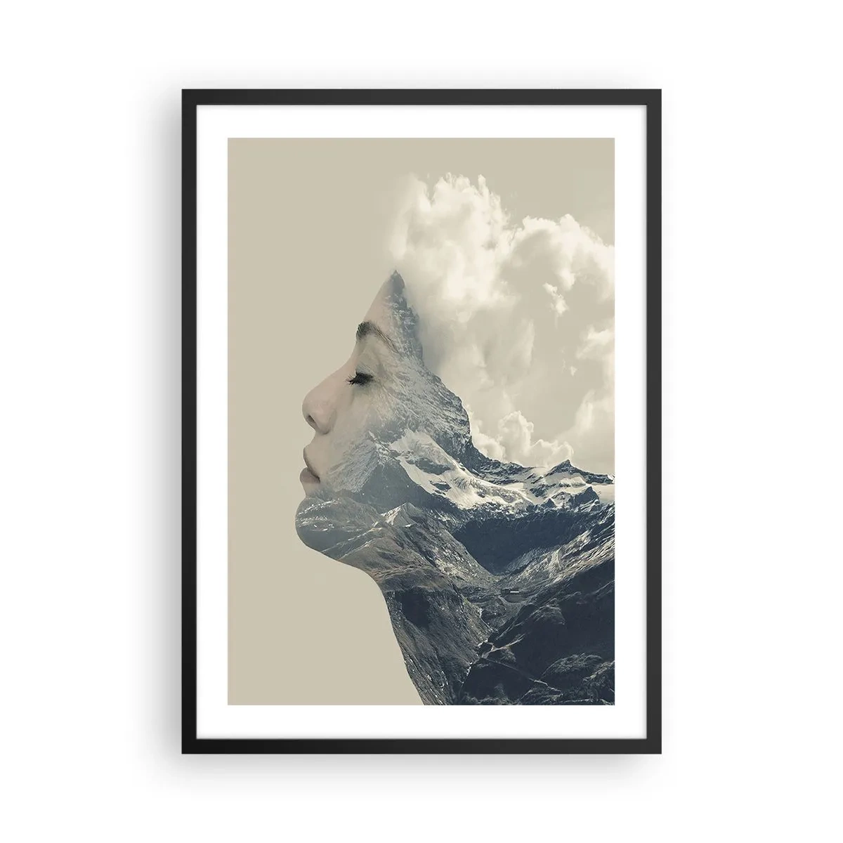 Pôster com moldura preta - Perfil de uma mulher se fundindo com uma paisagem montanhosa - 50x70cm - A beleza dos elementos da natureza - Decoração de parede moderna para a sala de estar e quarto ARTTOR