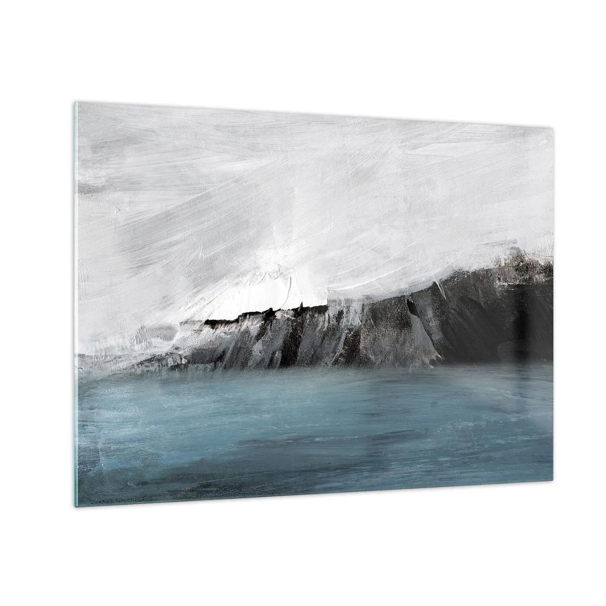 Quadro em vidro - Composição abstrata em tons de azul, branco e preto - 70x50cm - Água – terra: choque dos elementos - Decoração de parede moderna para a sala de estar e quarto ARTTOR