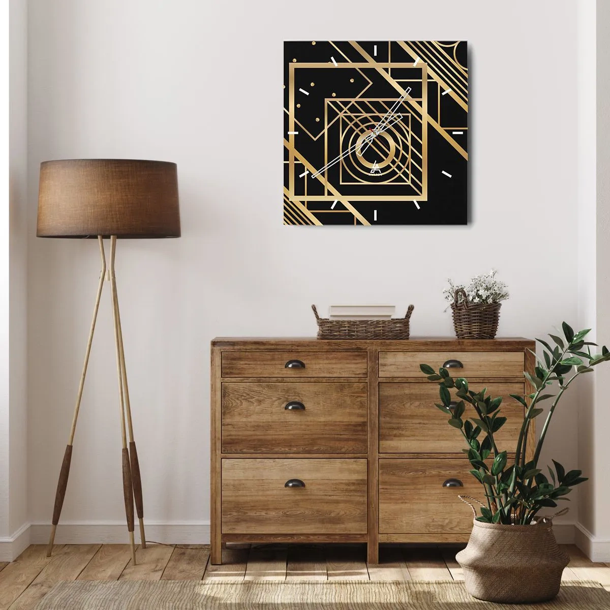 Relógio de parede - Relógio em vidro - Geometria dourada - 30x30 cm